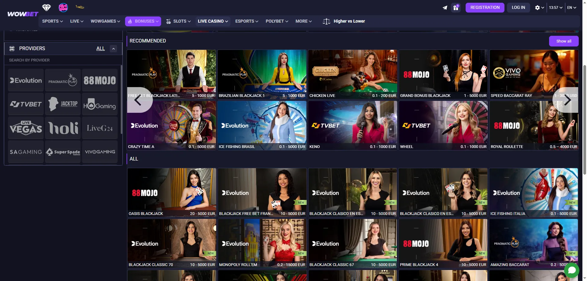 طاولات كازينو مباشر في wowbet مصر